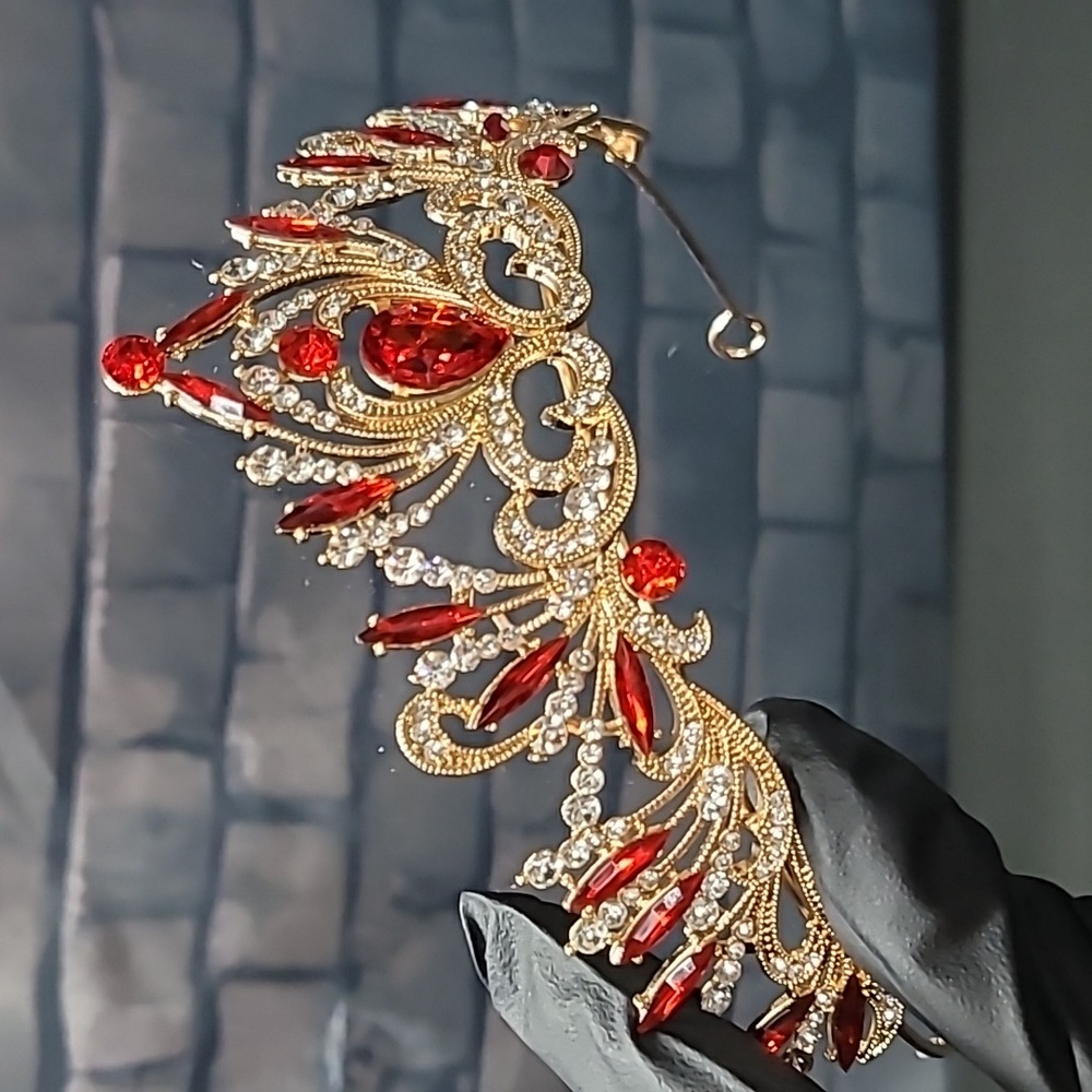 Elegant Metal Gold Tiara with Red Rhinestone Accents